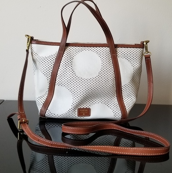 Fossil Ava Satchel, Dot - White and Brown - Picture 2 of 13